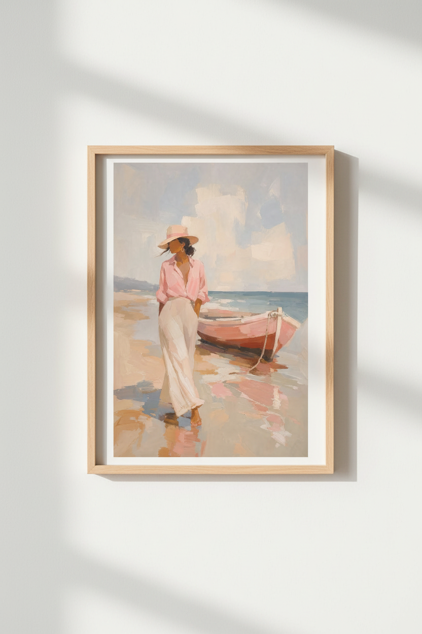 Coastal Beach Woman Art Print | Impressionist Pink Beach Decor | Seaside Poster