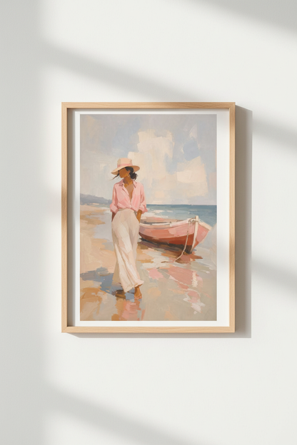 Coastal Beach Woman Art Print | Impressionist Pink Beach Decor | Seaside Poster