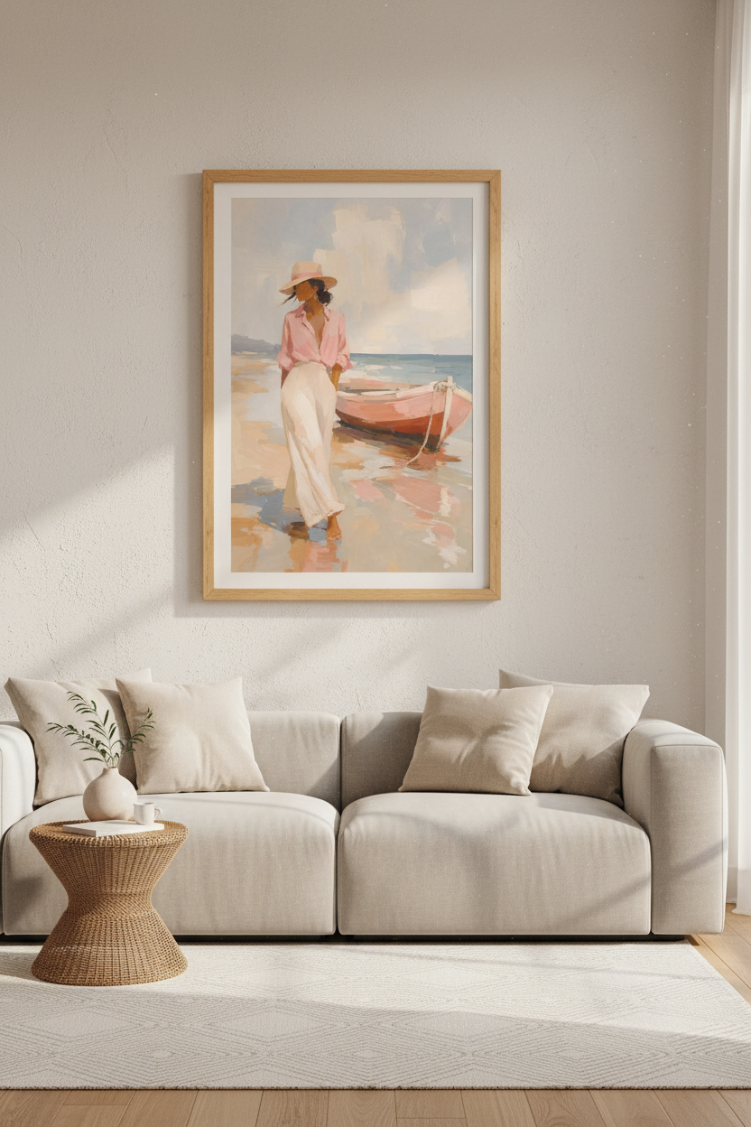 Coastal Beach Woman Art Print | Impressionist Pink Beach Decor | Seaside Poster