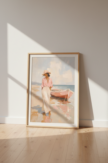 Coastal Beach Woman Art Print | Impressionist Pink Beach Decor | Seaside Poster