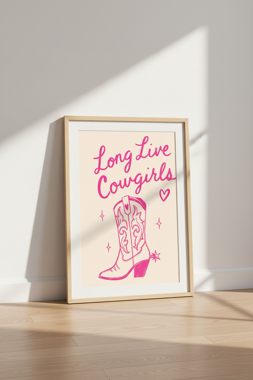 Pink Cowgirl Wall Art Print | Western Boot Poster, Preppy Dorm Decor