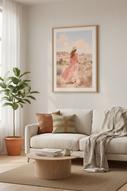 Western Cowgirl Print | Pastel Desert Landscape, Pink Boho Wall Art Decor