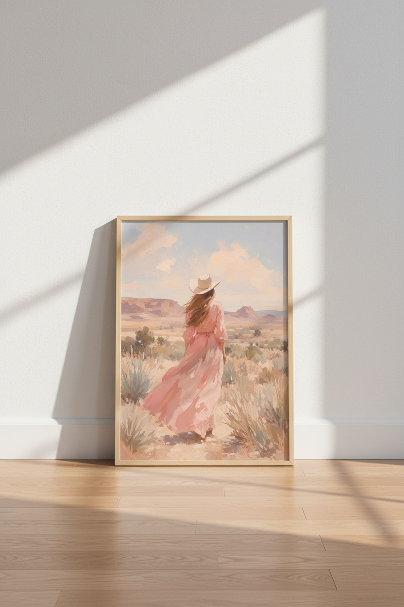 Western Cowgirl Print | Pastel Desert Landscape, Pink Boho Wall Art Decor