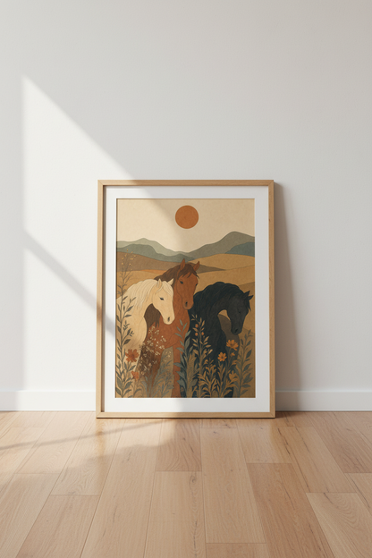 Boho Horse Trio Wall Art | Desert Landscape Earth Tones, Living Room Decor