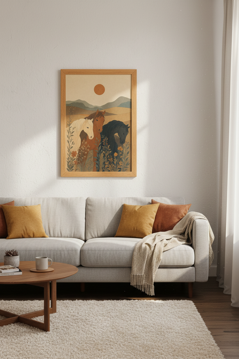 Boho Horse Trio Wall Art | Desert Landscape Earth Tones, Living Room Decor