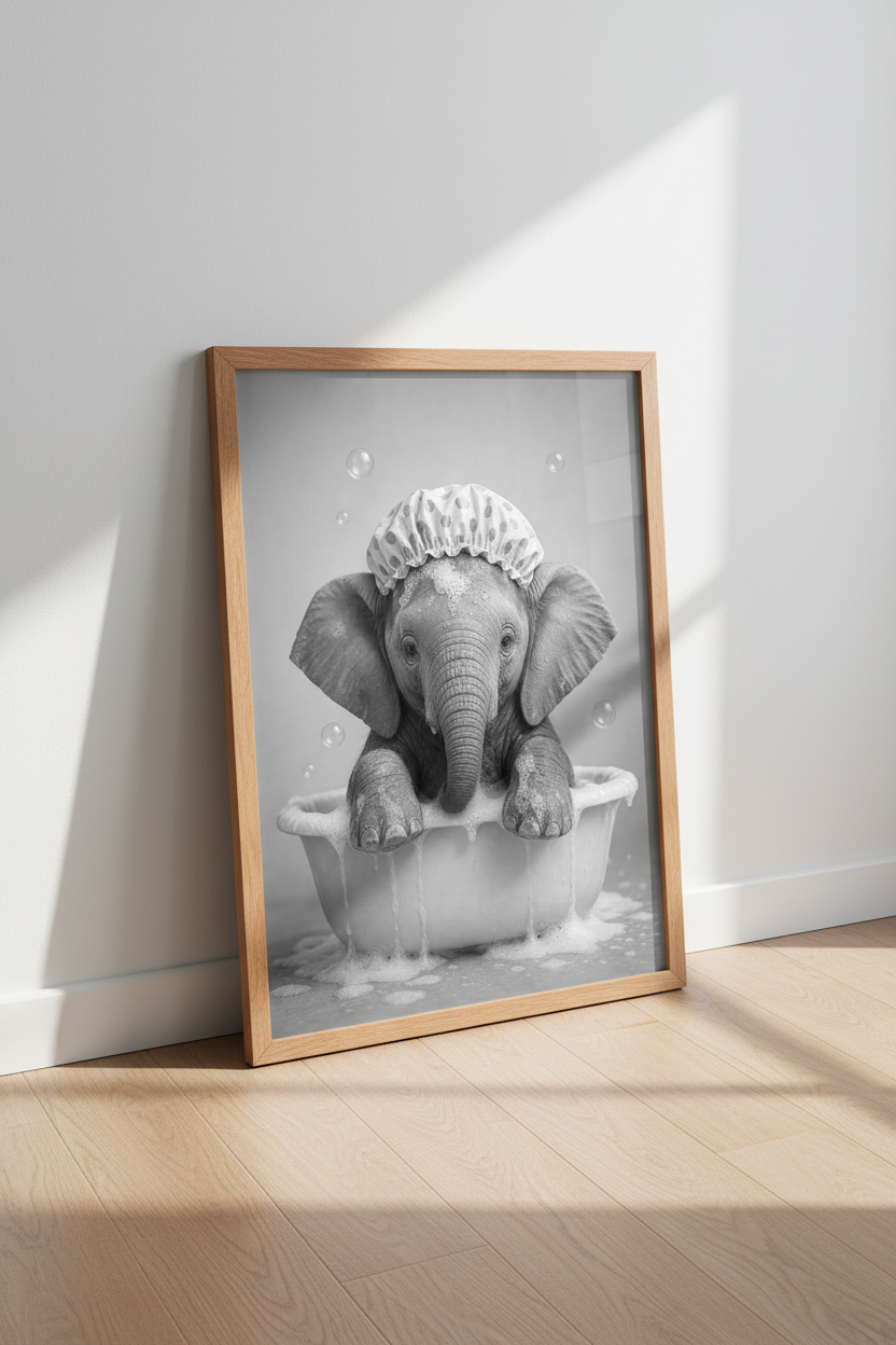 Baby Elephant Bathtub Wall Art | Whimsical B&amp;W Animal Poster | Nursery &amp; Bathroom Decor