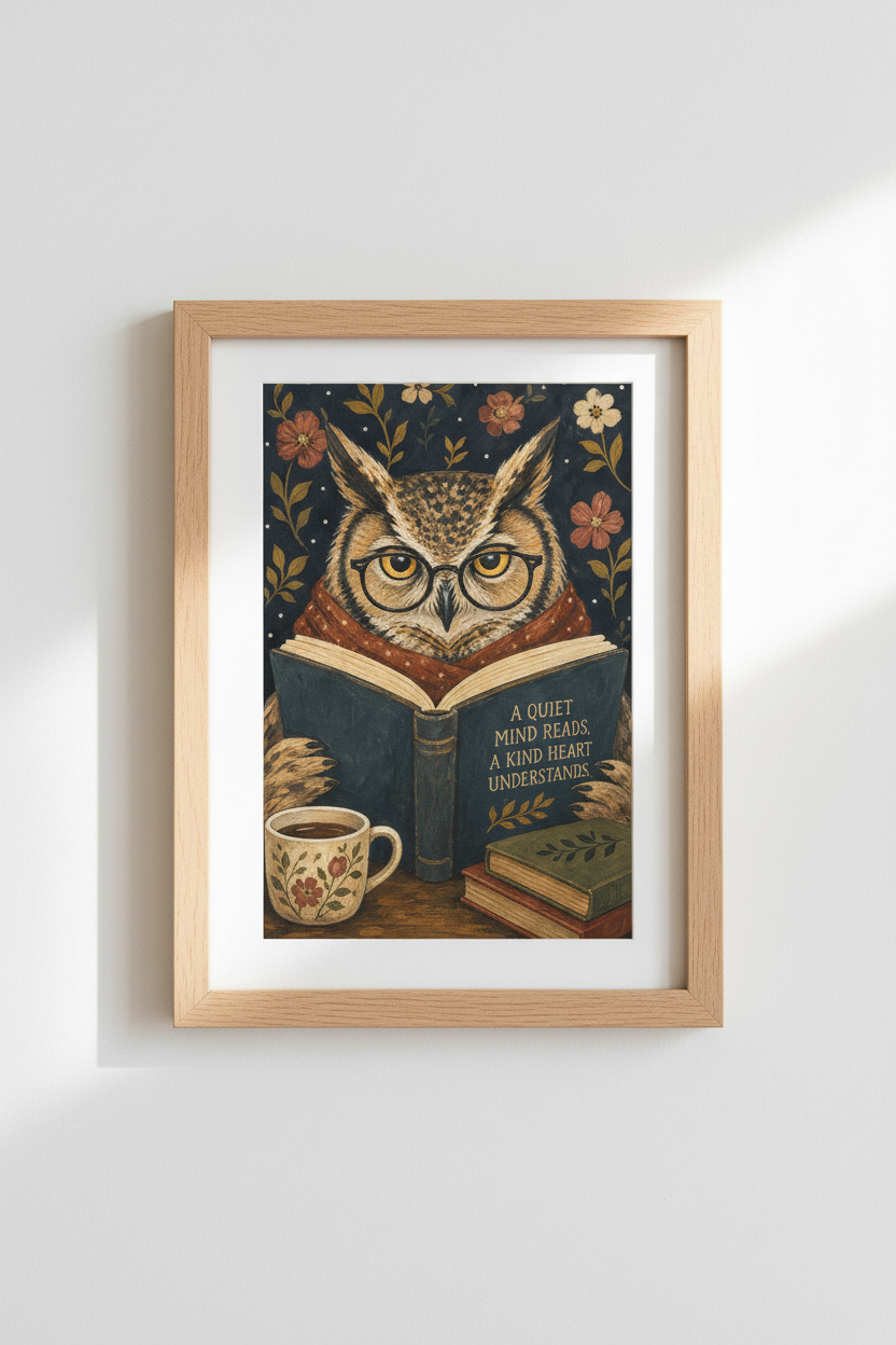 Owl Wall Art Print | Dark Academia Library Decor | Whimsical Bookish Poster