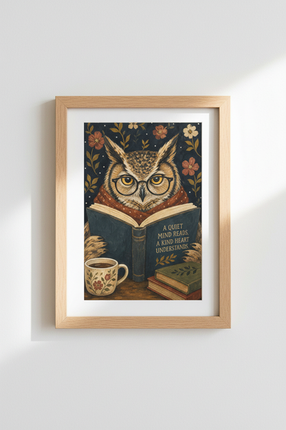 Owl Wall Art Print | Dark Academia Library Decor | Whimsical Bookish Poster