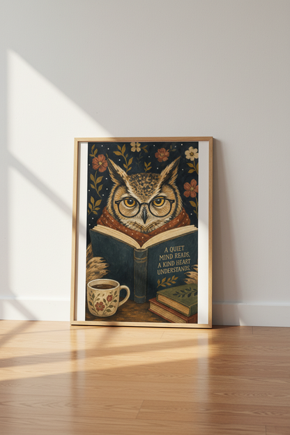 Owl Wall Art Print | Dark Academia Library Decor | Whimsical Bookish Poster