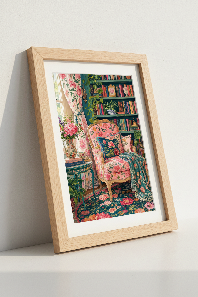 Maximalist Library Floral Wall Art | Eclectic Boho Reading Nook, Teal Pink Home Decor