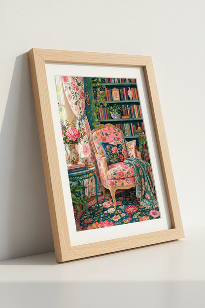 Maximalist Library Floral Wall Art | Eclectic Boho Reading Nook, Teal Pink Home Decor