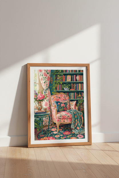 Maximalist Library Floral Wall Art | Eclectic Boho Reading Nook, Teal Pink Home Decor
