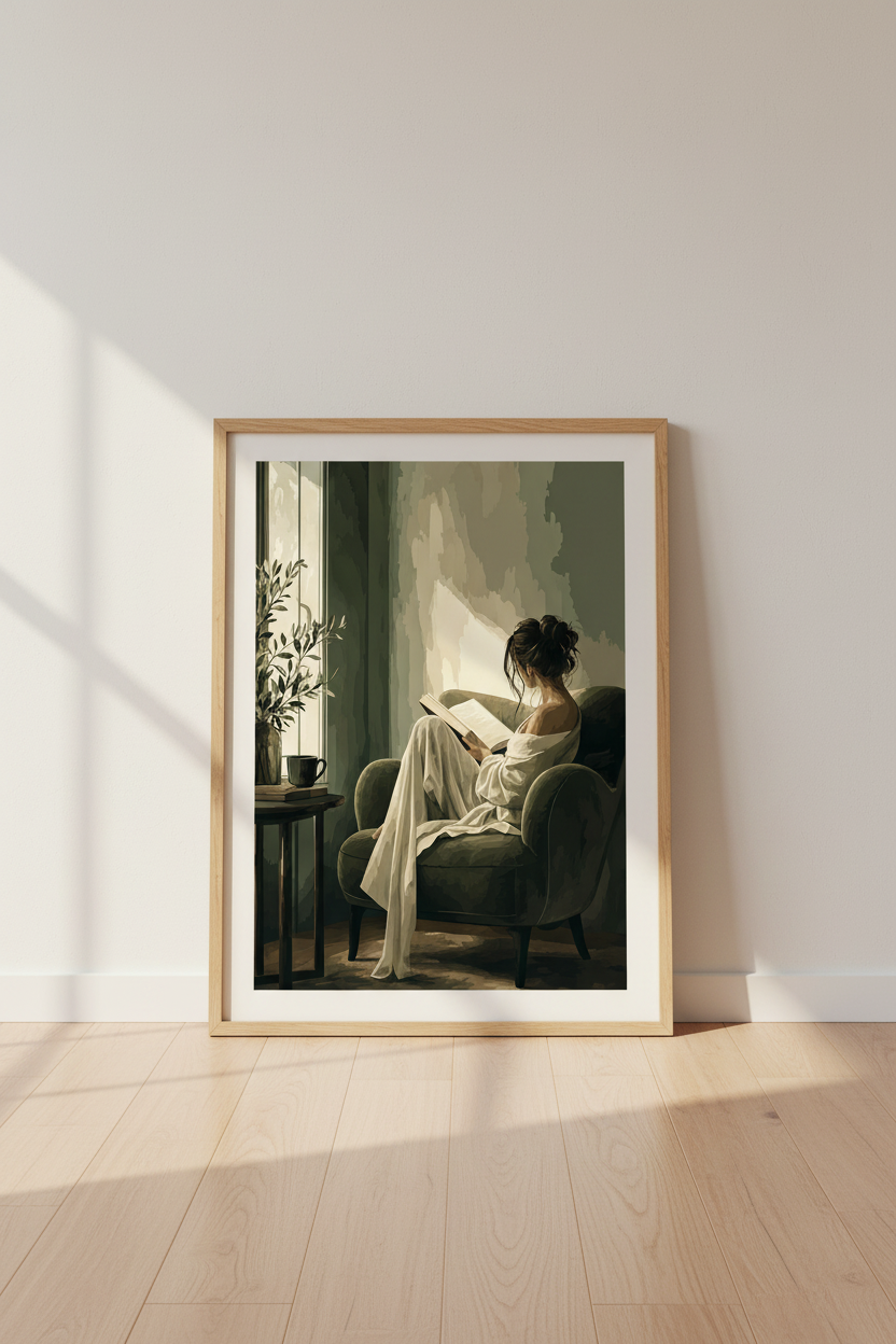 Reading Woman Wall Art | Sage Green Cozy Decor, Book Lover Aesthetic Poster