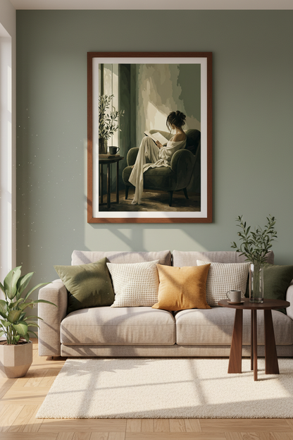 Reading Woman Wall Art | Sage Green Cozy Decor, Book Lover Aesthetic Poster