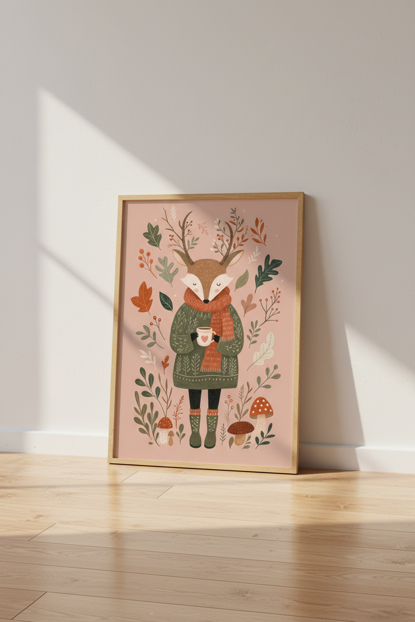 Whimsical Deer Wall Art Print | Cozy Woodland Nursery Decor | Cottagecore Poster