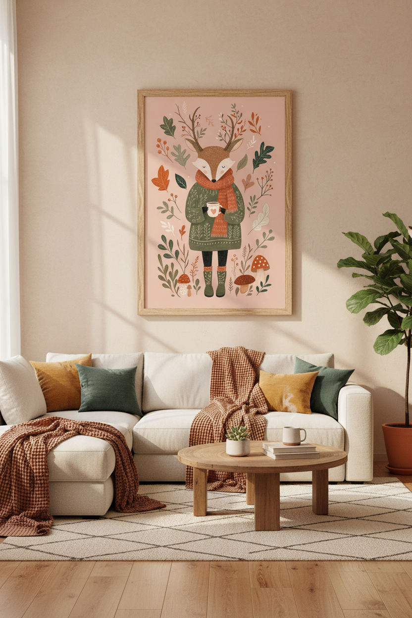 Whimsical Deer Wall Art Print | Cozy Woodland Nursery Decor | Cottagecore Poster