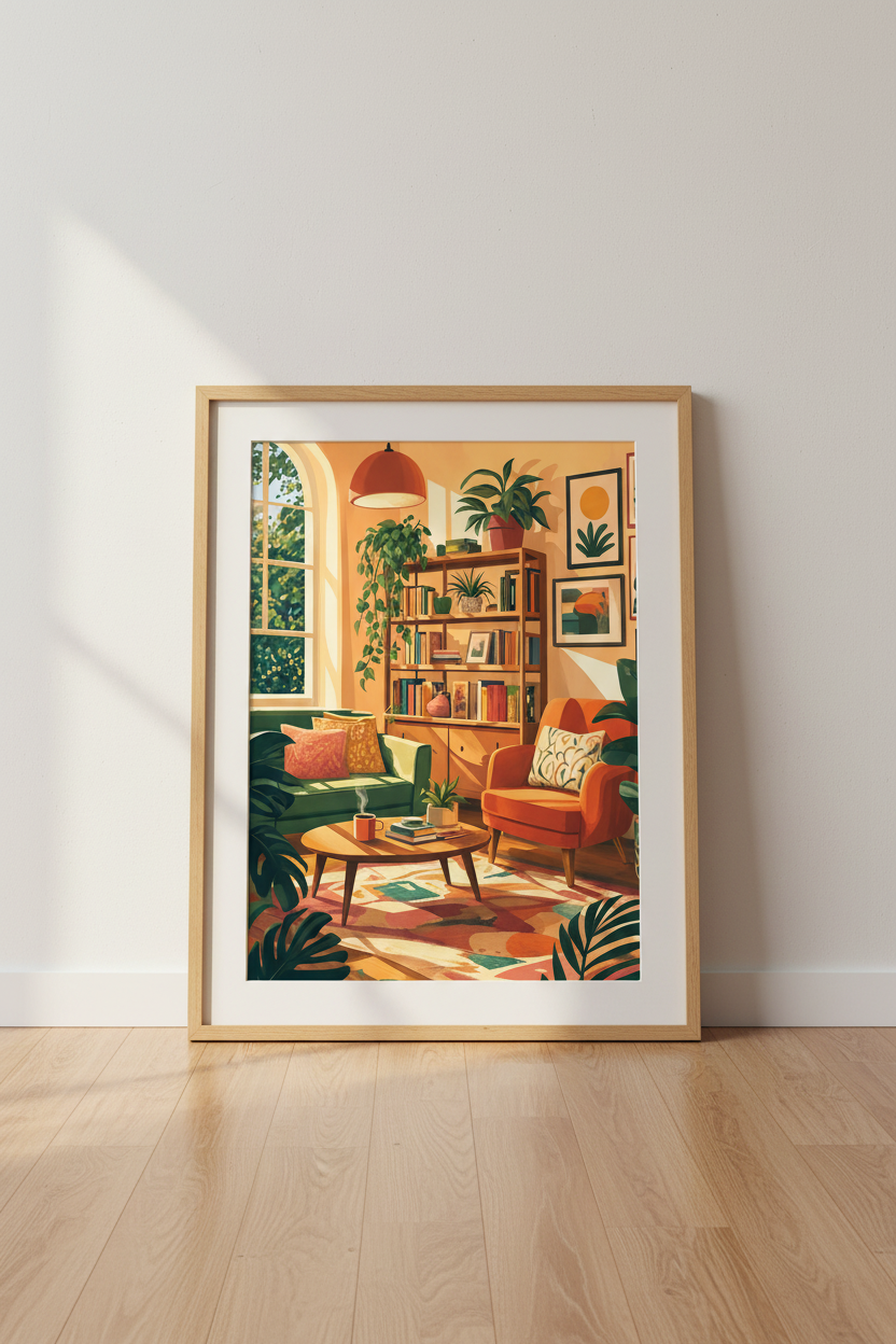 Cosy Living Room Art | Boho Mid Century Plant Decor, Sun Drenched Poster