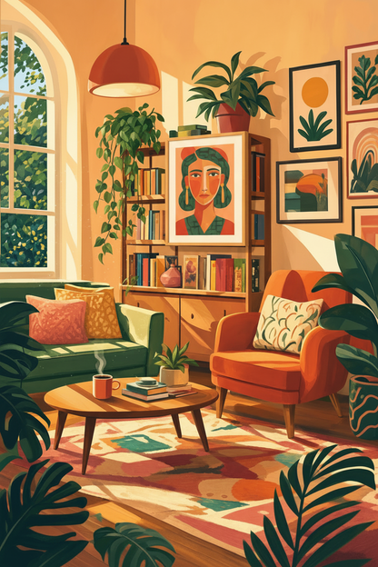 Cosy Living Room Art | Boho Mid Century Plant Decor, Sun Drenched Poster
