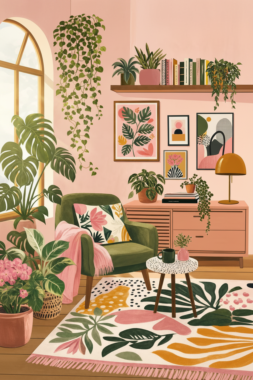 Botanical Living Room Wall Art | Pink &amp; Green Maximalist Decor | Boho Plant Poster