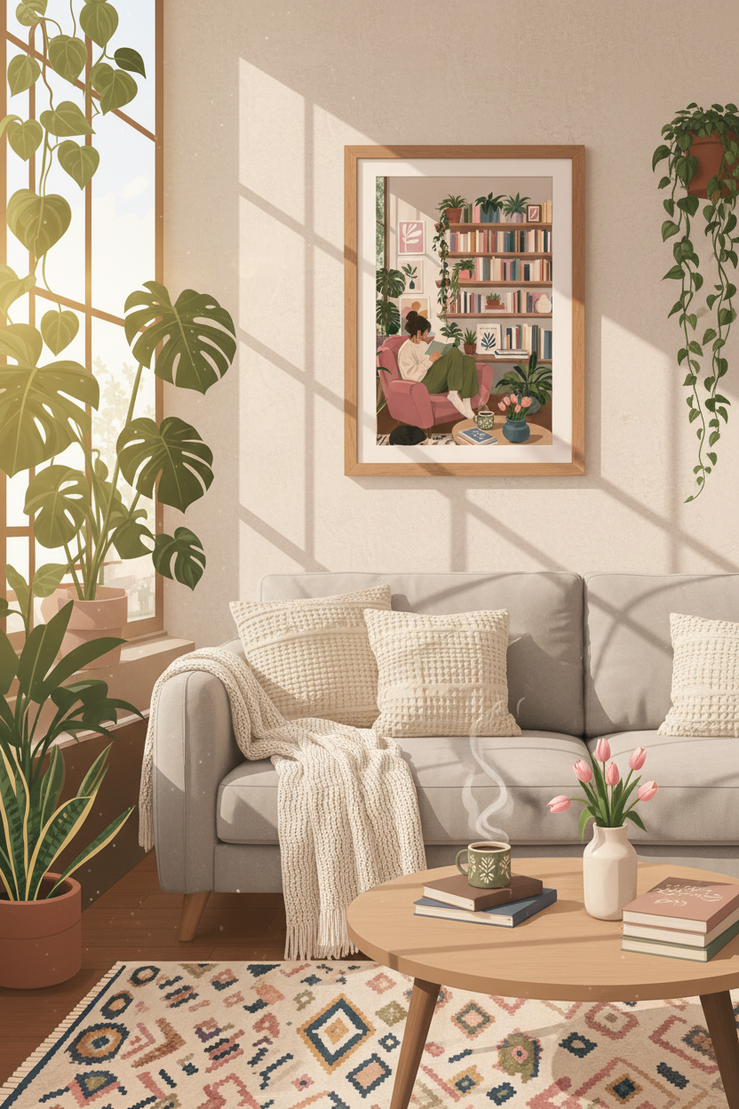 Cozy Reading Nook Wall Art | Botanical Library Poster, Book Lover Decor
