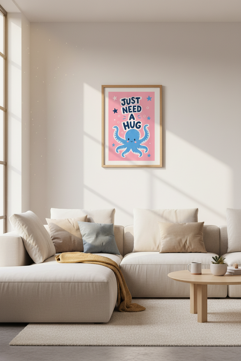 Octopus Nursery Wall Art Print | Cute Kids Room Decor | Pink Pastel Poster