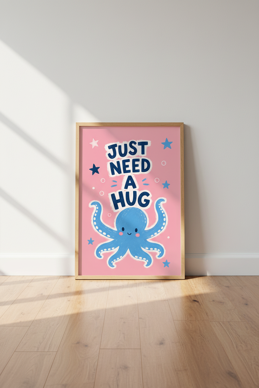 Octopus Nursery Wall Art Print | Cute Kids Room Decor | Pink Pastel Poster