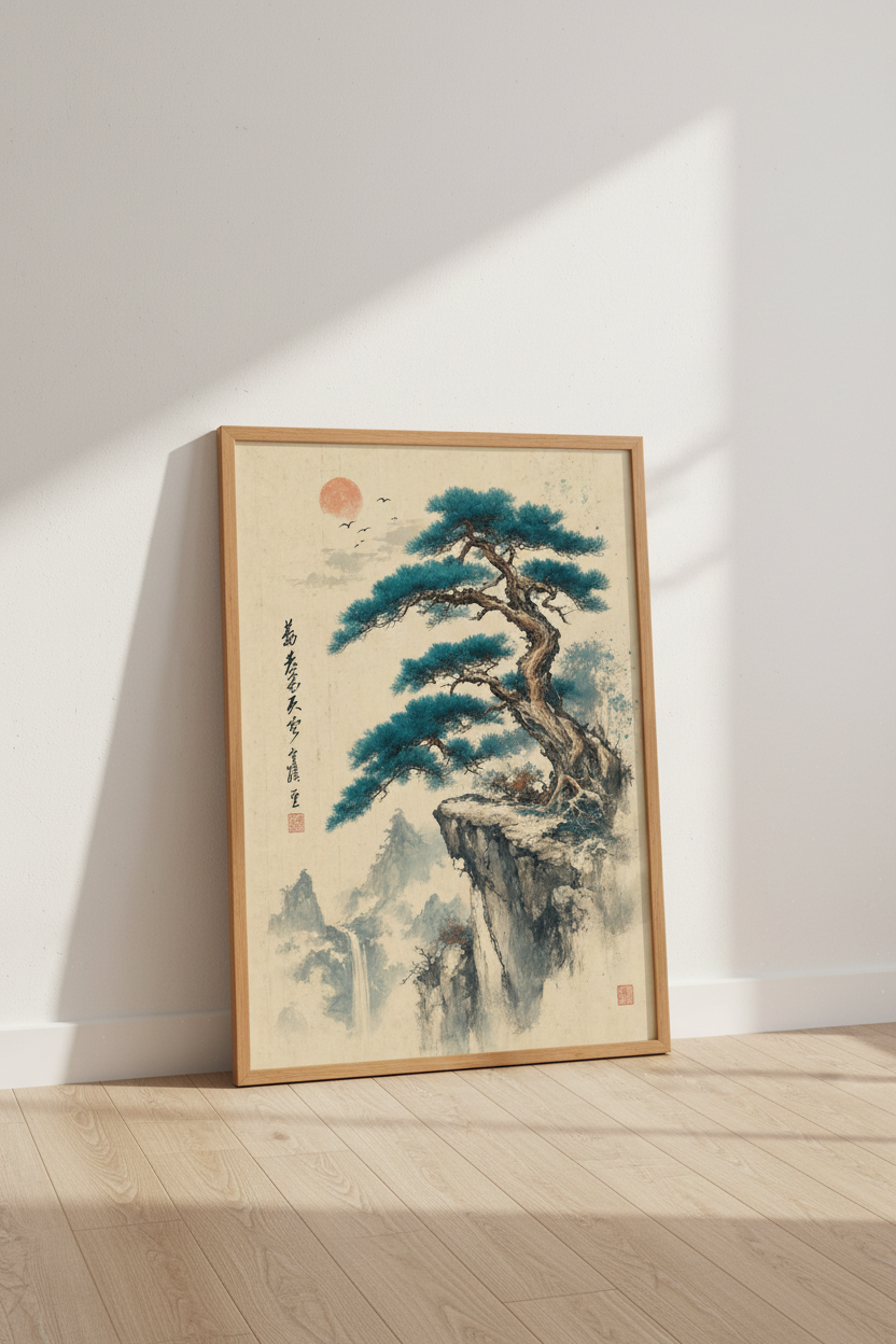 Japanese Pine Tree Landscape Wall Art | Teal &amp; Ochre Mountain Poster | Zen Nature Decor