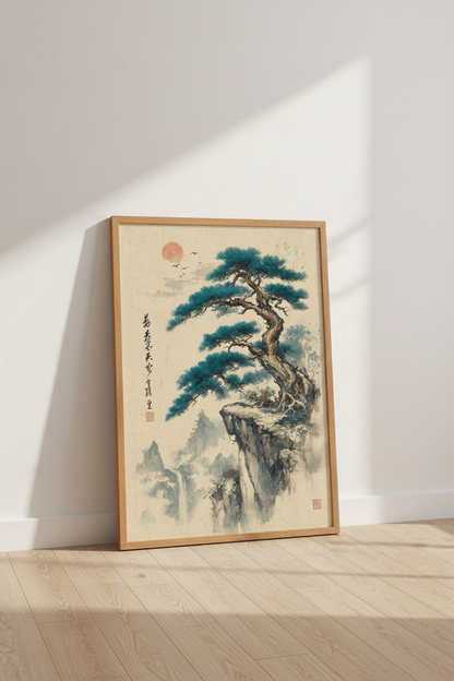 Japanese Pine Tree Landscape Wall Art | Teal &amp; Ochre Mountain Poster | Zen Nature Decor