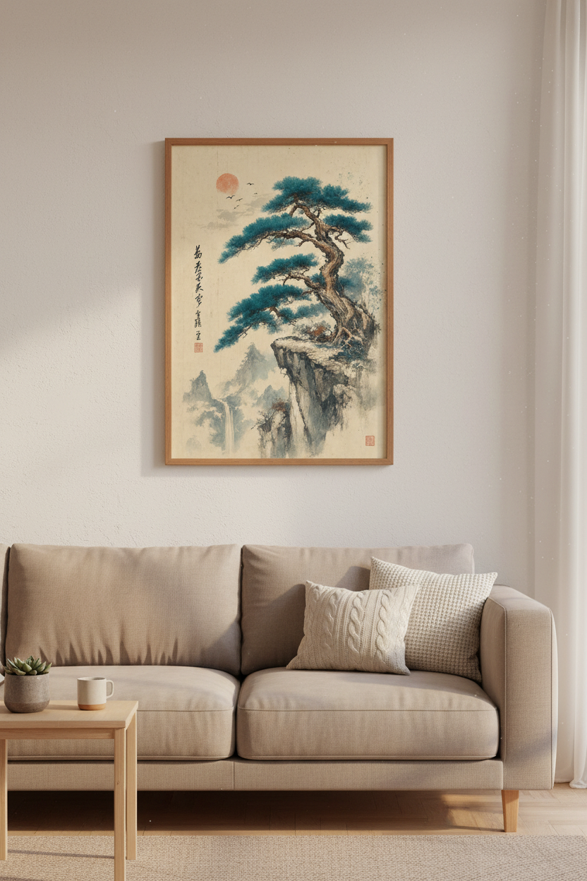 Japanese Pine Tree Landscape Wall Art | Teal &amp; Ochre Mountain Poster | Zen Nature Decor