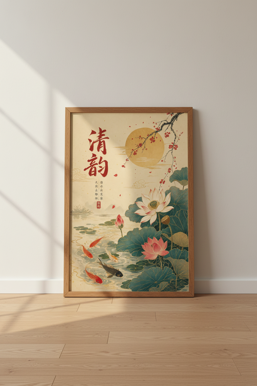 Japanese Koi Fish &amp; Lotus Wall Art | Zen Botanical Print, Japandi Home Decor
