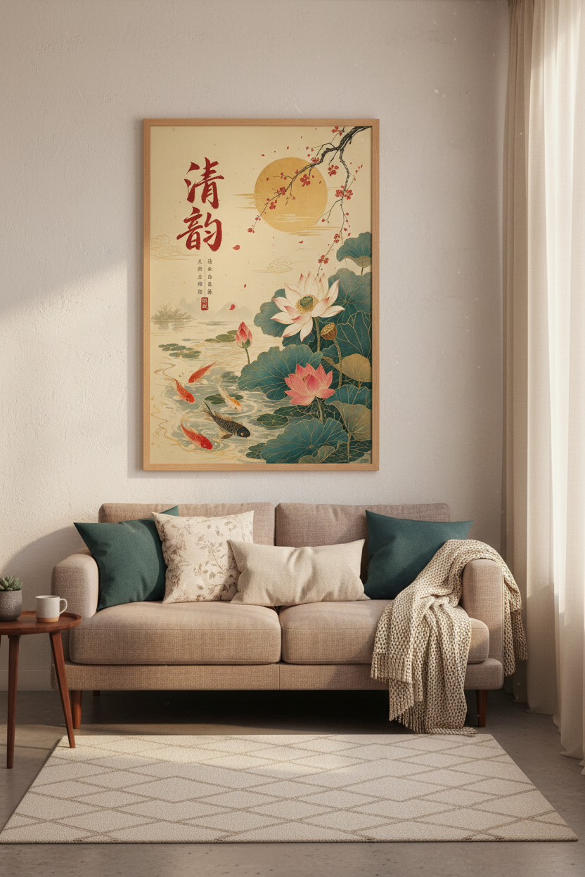 Japanese Koi Fish &amp; Lotus Wall Art | Zen Botanical Print, Japandi Home Decor