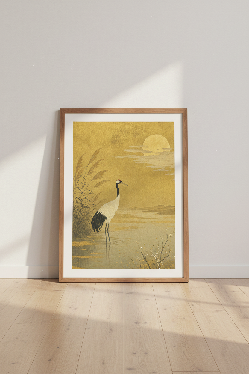 Japanese Crane Wall Art | Gold Sunset Poster, Zen Living Room Decor