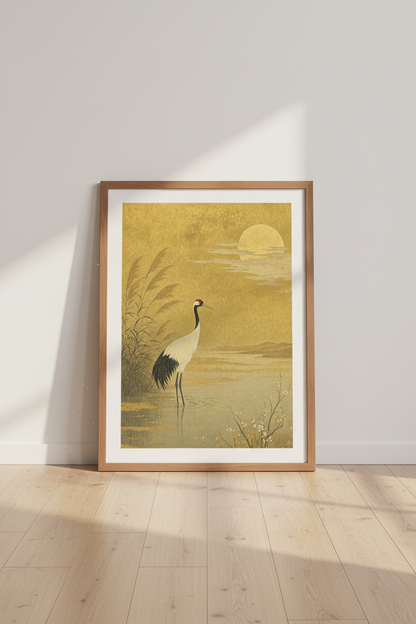 Japanese Crane Wall Art | Gold Sunset Poster, Zen Living Room Decor