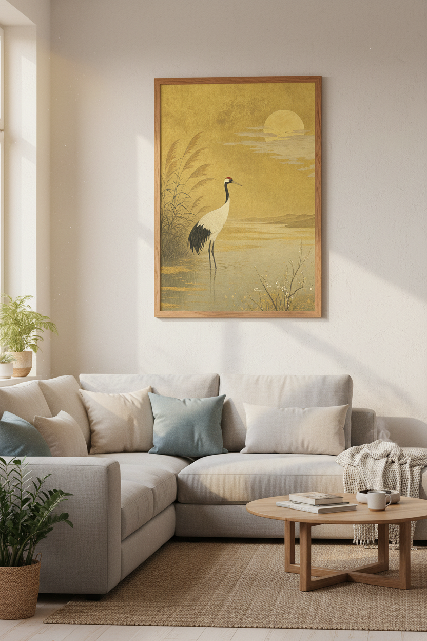 Japanese Crane Wall Art | Gold Sunset Poster, Zen Living Room Decor