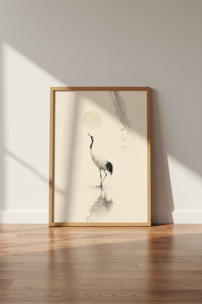 Japanese Crane Wall Art | Minimalist Zen Bird Print, Japandi Home Decor