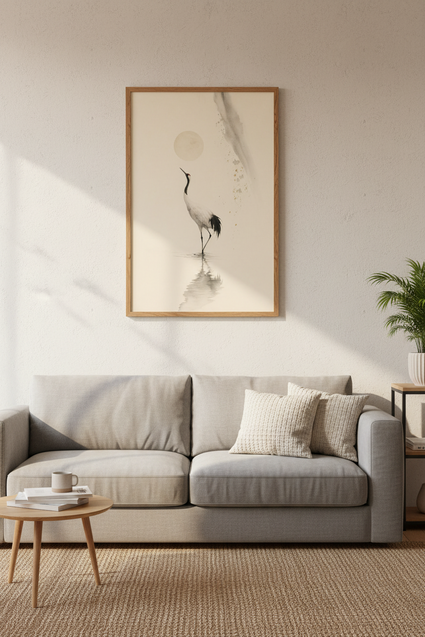 Japanese Crane Wall Art | Minimalist Zen Bird Print, Japandi Home Decor