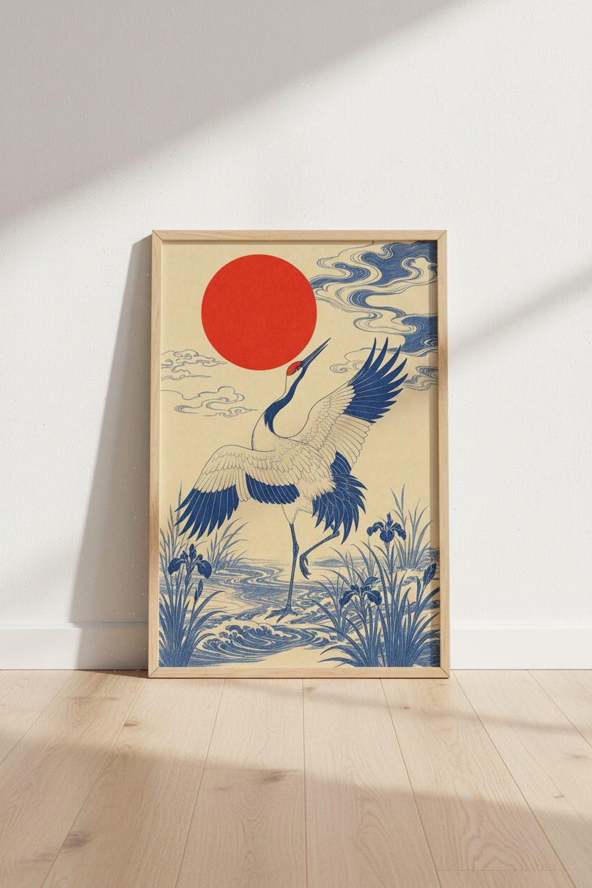 Japanese Crane Wall Art | Ukiyo-e Red Sun Poster, Living Room Decor