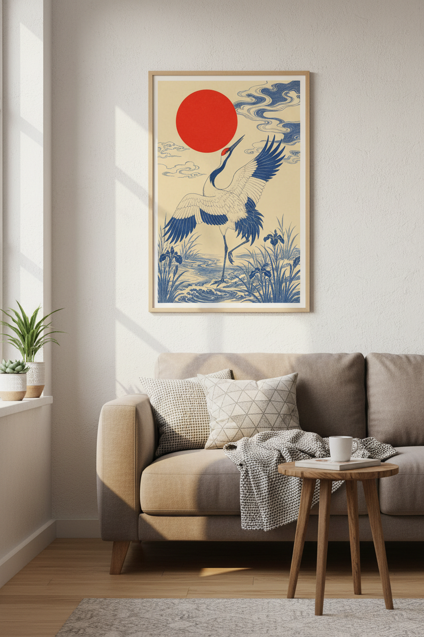 Japanese Crane Wall Art | Ukiyo-e Red Sun Poster, Living Room Decor