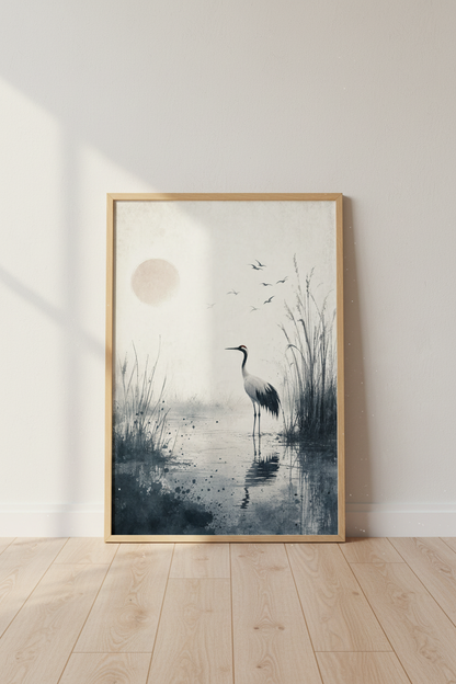 Japanese Crane Art | Zen Minimalist Ink Wash Print, Japandi Living Room Poster