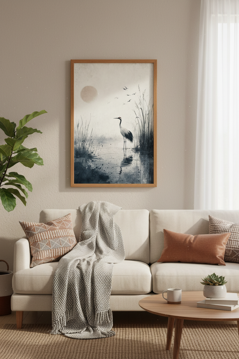 Japanese Crane Art | Zen Minimalist Ink Wash Print, Japandi Living Room Poster