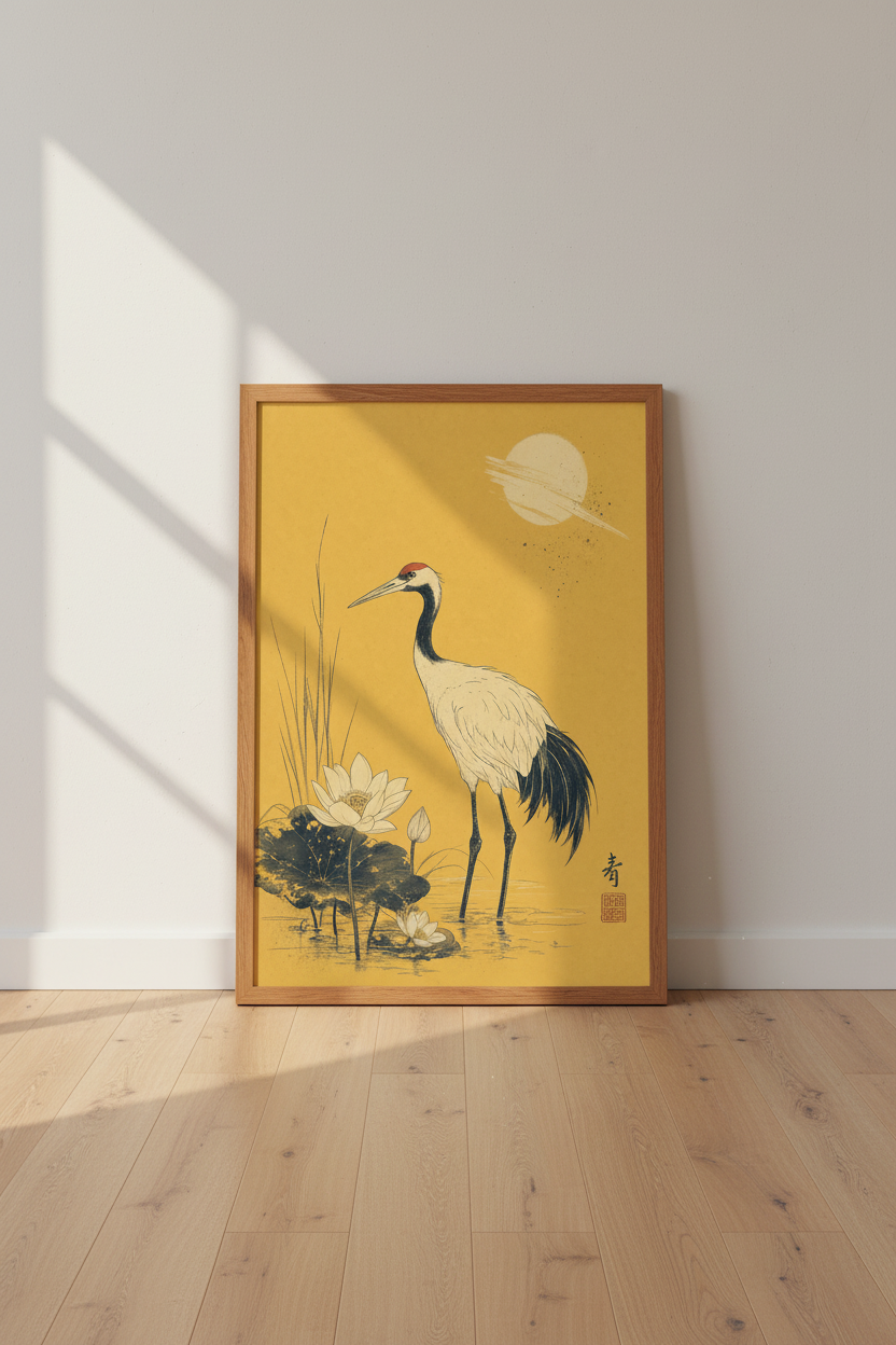 Japanese Crane &amp; Lotus Wall Art | Vintage Bird Poster, Japandi Home Decor