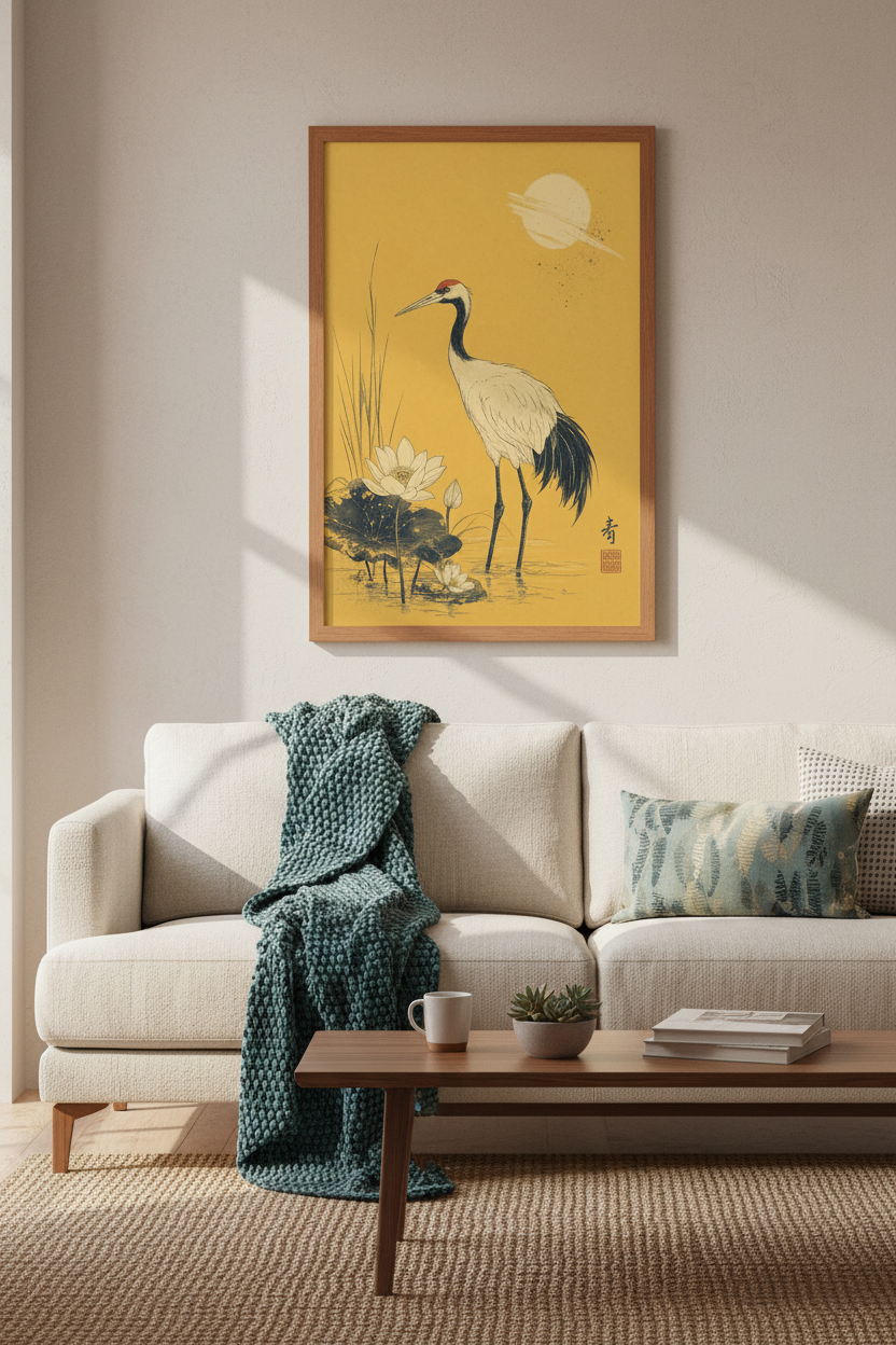 Japanese Crane &amp; Lotus Wall Art | Vintage Bird Poster, Japandi Home Decor