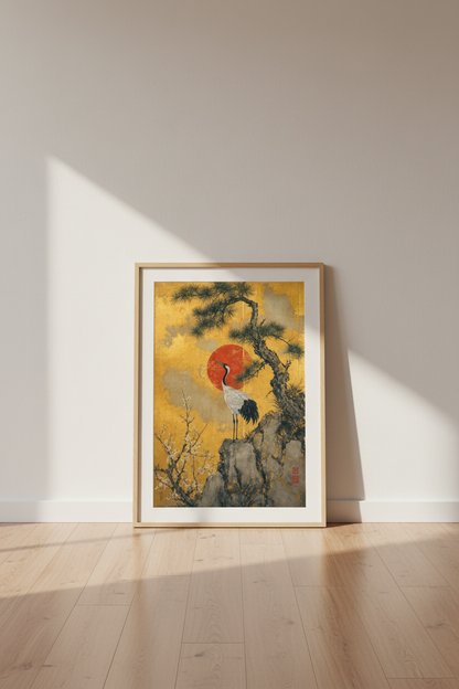 Japanese Crane Wall Art | Gold &amp; Red Sun Nihonga Print | Zen Living Room Decor