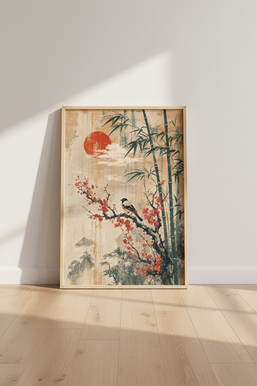 Japanese Bird &amp; Bamboo Wall Art | Vintage Red Sun Print, Zen Bedroom Decor