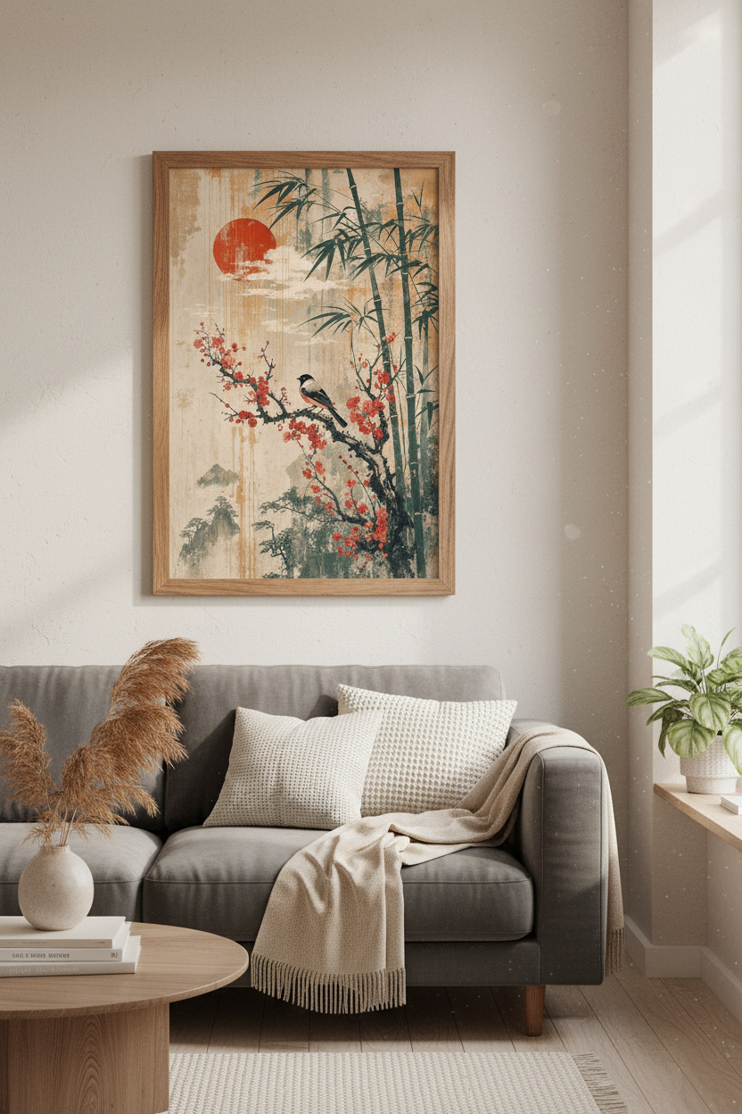 Japanese Bird &amp; Bamboo Wall Art | Vintage Red Sun Print, Zen Bedroom Decor