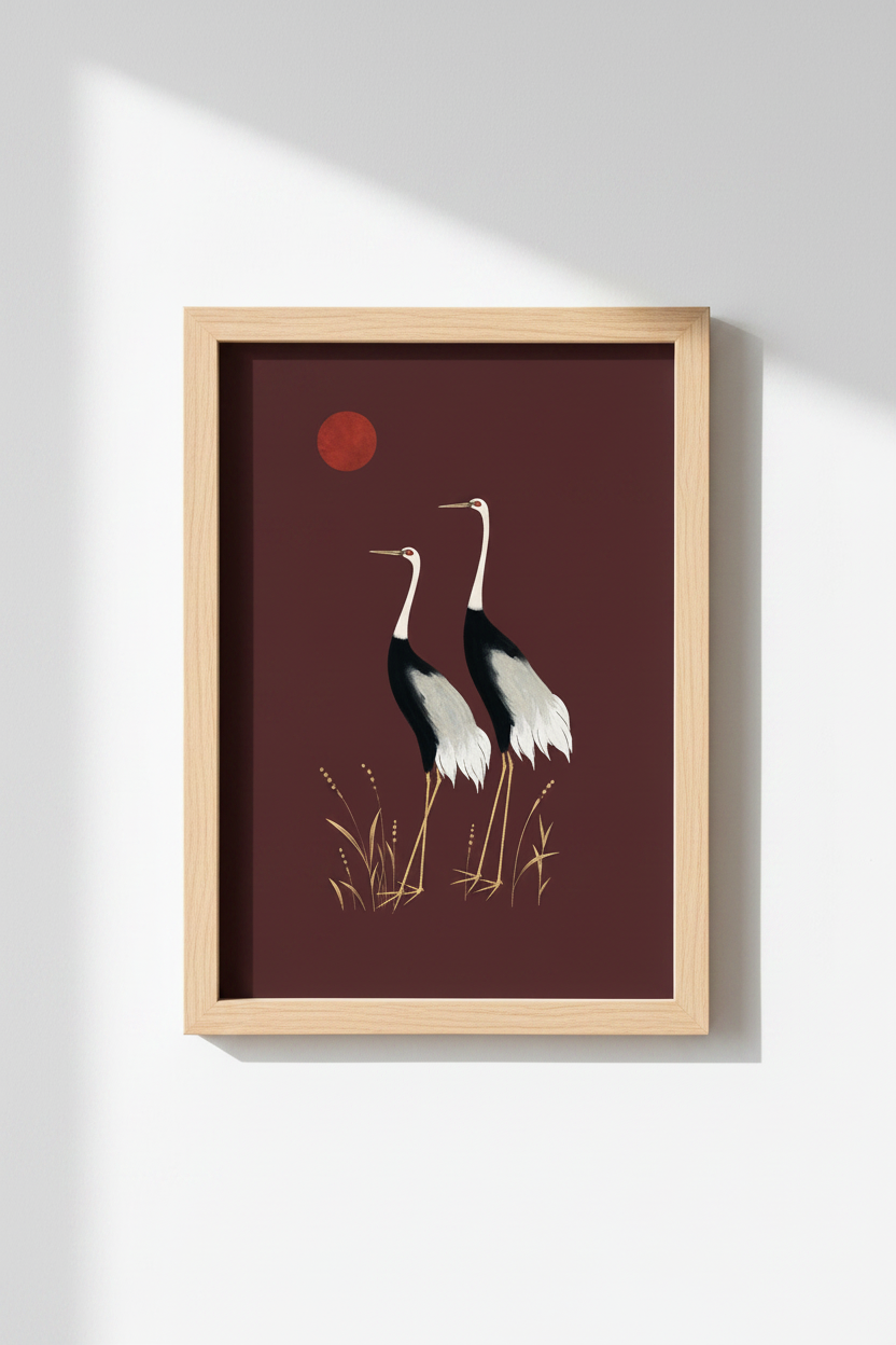 Minimalist Crane Wall Art Print | Living Room Decor | Burgundy Sunset Poster