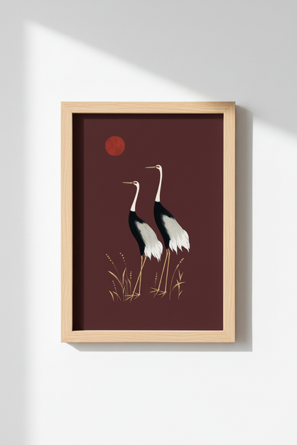 Minimalist Crane Wall Art Print | Living Room Decor | Burgundy Sunset Poster