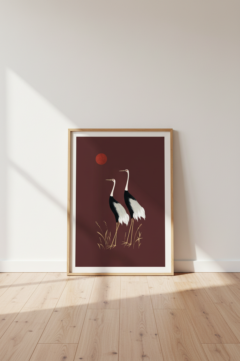 Minimalist Crane Wall Art Print | Living Room Decor | Burgundy Sunset Poster