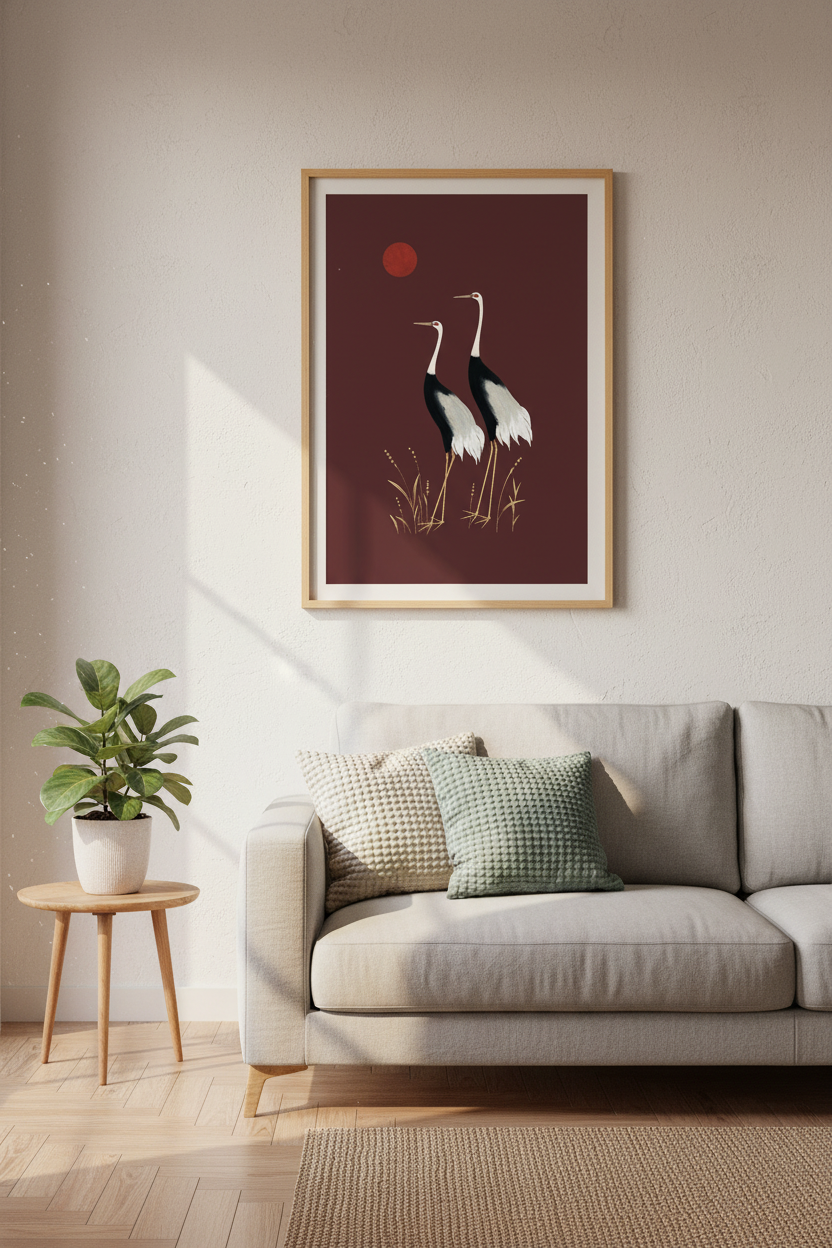 Minimalist Crane Wall Art Print | Living Room Decor | Burgundy Sunset Poster