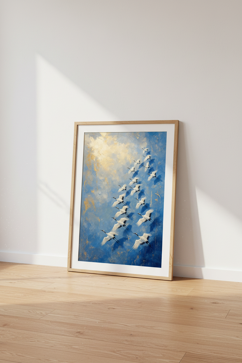 Flying Cranes Oil Painting | Blue and Gold Abstract Bird Wall Art, Living Room Decor
